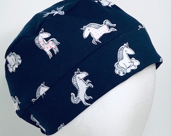 100% Cotton Child Pink & White Unicorns on Navy Jersey Knit Hat