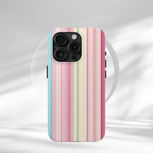 May include: A colorful phone case with a vertical striped pattern in shades of pink, yellow, and blue. The case has a glossy finish and features a camera module with three lenses and a flash.