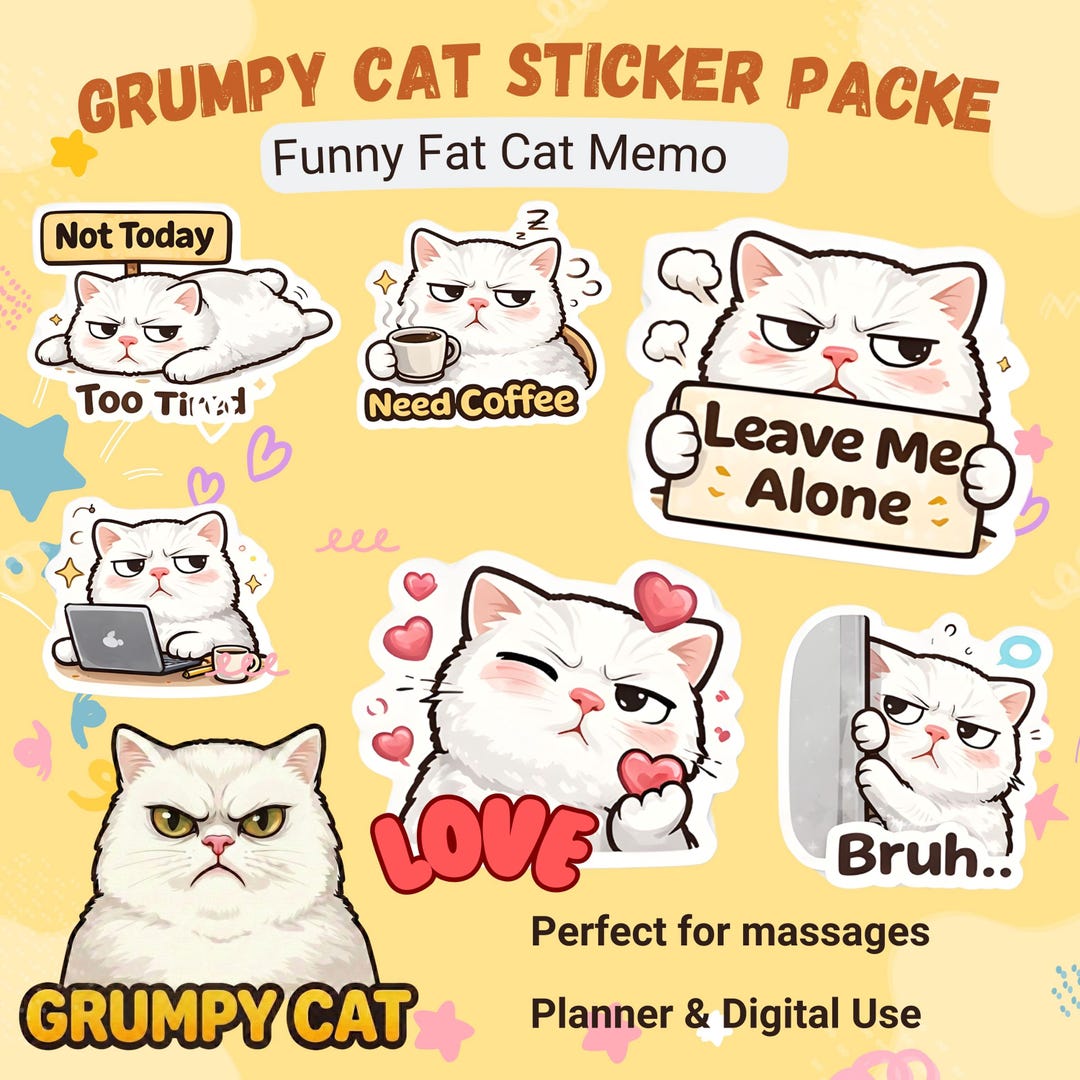 Grumpy Cat Sticker Pack | Cute Funny Cat PNG Stickers | Digital Planner ...
