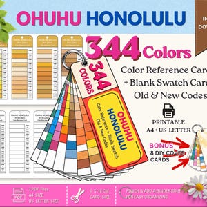 May include: Ohuhu Honolulu 344 colour reference cards and blank swatch cards in a printable PDF format. The set includes old and new codes, A4 and US letter sizes, and 8 bonus DIY cover cards. The cards are organised on a binder ring, measuring 6 x 18 cm.