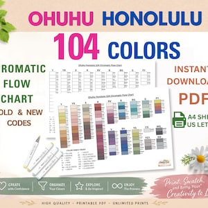 May include: Ohuhu Honolulu 104 Colours Chromatic Flow Chart digital file for instant download. Includes PDF for A4 and US Letter sheets, old and new colour codes, and a colour family index. Features white paper charts with colour swatches and markers.