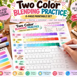 Two Color Blending Practice Worksheets | Step-by-Step Blending Guide | Marker & Colored Pencil Practice | Printable PDF