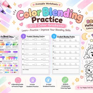 May include: A printable worksheet set titled Color Blending Practice 3-5 Color Gradients featuring a guide on blending techniques, practice sheets for gradients, and bonus Halloween coloring pages with pumpkins and a witch character.