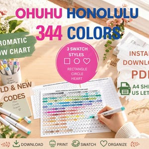 Peut inclure: Nuancier Ohuhu Honolulu 344 couleurs en téléchargement instantané PDF pour papier A4 et US letter. Inclut trois styles de nuancier : rectangle, cercle et cœur. Comprend une grille de couleurs avec codes, un pot à crayons et des marqueurs.