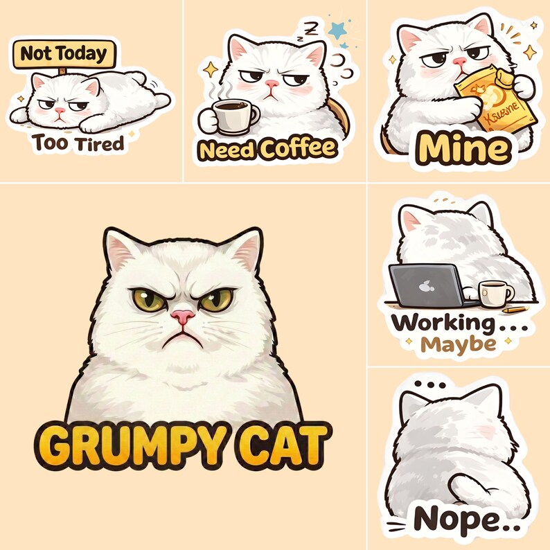 Grumpy Cat Sticker Pack | Cute Funny Cat PNG Stickers | Digital Planner ...