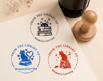 Sello personalizado de biblioteca con diseño de gato, autoentintable o con mango de madera, regalo ideal para amantes de los libros.