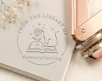 Custom Cat Floral Book Embosser, Personalized Library Stamp, Kitten Lover Gift