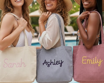 Cabas de plage personnalisé en toile et velours côtelé - Sac brodé léger et durable pour la piscine, les vacances d'été, un cadeau de demoiselle d'honneur ou de fête des mères