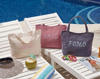 Canvas Tote Bag, Personalized Custom Name, Minimalist Daily Style, for Beach Lovers, Travel Enthusiasts and Summer Vacation Crowd