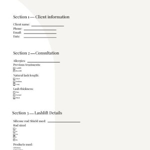 Peut inclure: Une fiche de suivi client crème pour les traitements de rehaussement de cils et de sourcils. Le document comprend des sections pour les informations du client, les détails de la consultation et les spécificités du rehaussement de cils. Le texte comprend "LASHLIFT/BROWLIFT CLIENT RECORD".