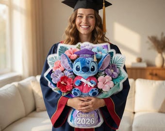 Almohada de graduación personalizada, regalo personalizado con el nombre James, promoción de 2026, ramo de peluches de Stitch adorable, regalo de graduación para niños, regalo de recuerdo.
