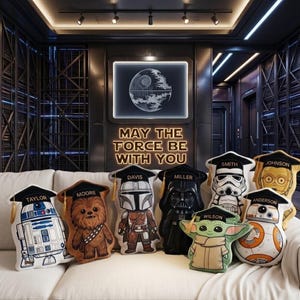 Personalized StarWars Graduation Pillow Kids, Baby Yoda Darth Vader Plush, Custom Name Sci-Fi Character Gift Room Decor image 2