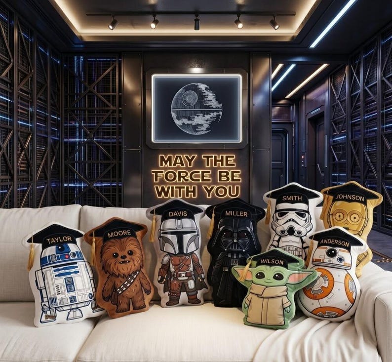 Personalized StarWars Graduation Pillow Kids, Baby Yoda Darth Vader Plush, Custom Name Sci-Fi Character Gift Room Decor image 2