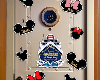 Imanes personalizados para puertas de Disney Cruise Line con orejas de Mickey Mouse. Personaliza tu nombre. Decoración para camarotes de cruceros familiares Disney. Personajes de Disney gratis.