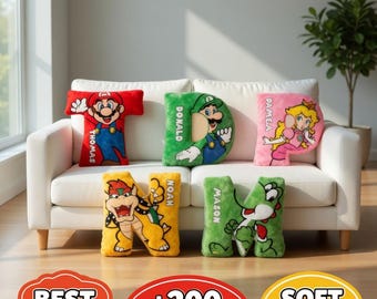 Almohada personalizada de Super Mario, almohada con iniciales personalizadas, almohada de personajes de videojuegos, almohada con el nombre de Mario, almohada personalizada de Mario y sus amigos.