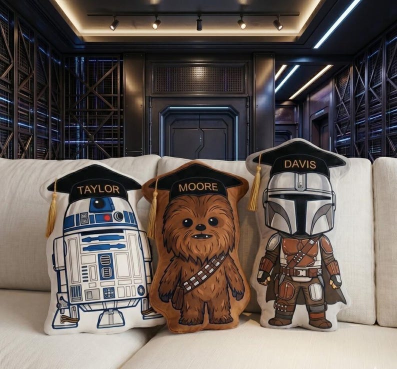 Personalized StarWars Graduation Pillow Kids, Baby Yoda Darth Vader Plush, Custom Name Sci-Fi Character Gift Room Decor image 1