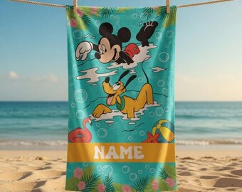 Toalla infantil personalizada con nombre, toalla de playa personalizada de Mickey y sus amigos, toalla de playa de verano personalizada, flotadores de natación de Mickey y sus amigos, viaje a la playa