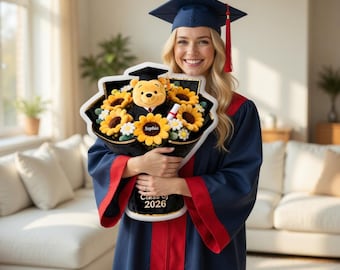 Almohada personalizada de oso girasol para graduación, almohada de peluche con nombre personalizado de oso miel, regalo de graduación para ella, almohada de ramo de peluche adorable