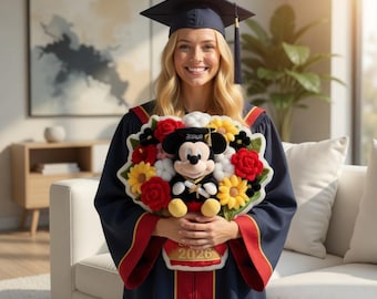 Custom Graduation Mickey Mouse Pillow, Personalized Graduation Mouse Bouquet Pillow Shape, Custom Name Keepsake Gift