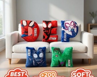 Personalized Kids Superhero Letter Pillow, Kids Superhero Pillow, Custom Spidey And His Amzing Friends Name Pillow, Cartoon Pillow Gift