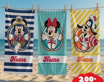 Toalla infantil personalizada con nombre, toalla de playa personalizada de Mickey y sus amigos, toalla de playa de verano personalizada, flotadores de natación de Mickey y sus amigos, viaje a la playa