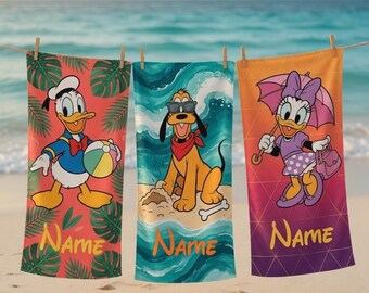 Toalla de playa personalizada de Disneyland, toalla personalizada de Donald Duck, regalo para vacaciones de verano, lindo accesorio de playa y piscina inspirado en dibujos animados clásicos.