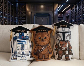 Personalized StarWars Graduation Pillow Kids, Baby Yoda Darth Vader Plush, Custom Name Sci-Fi Character Gift Room Decor