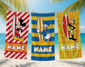 Toalla de playa personalizada de Mickey Mouse con nombre, toalla de piscina de verano con dibujos animados de Disneytrip, regalo personalizado para vacaciones en la playa