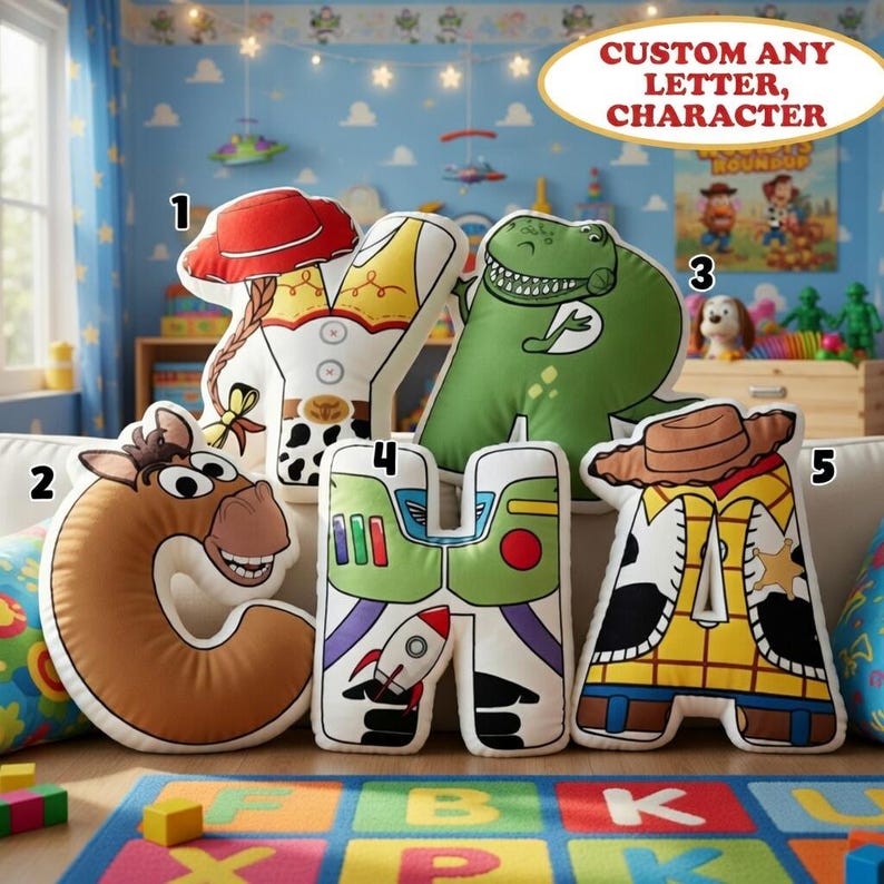 Custom Toy Story Letter Pillow, Personalized Disneyland Alphabet Pillow, Woody Buzz Lightyear Name Cushion, Disneyland Plush Pillow Bild 1