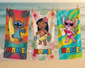Toalla de playa personalizada de Disneyland Lilo y Stitch, toallas para fiestas en la piscina de Stitch y Angel, toalla de dama de honor de estilo retro, regalo de cumpleaños