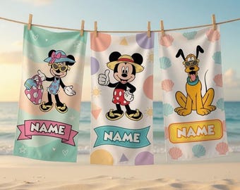 Toalla de playa personalizada de Mickey y sus amigos, regalo personalizado de personajes de Mickey y sus amigos, toalla de playa para piscina de verano