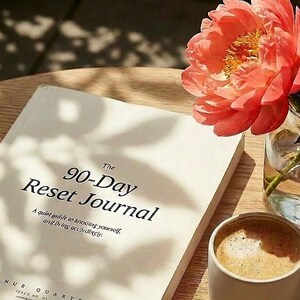 May include: A still-life image featuring a 90-Day Reset Journal, a cup of coffee, and a vase of coral-colored peonies. The journal is open on a wooden table, with text that reads "The 90-Day Reset Journal". The coffee cup is white, and the flowers are in a clear glass vase.
