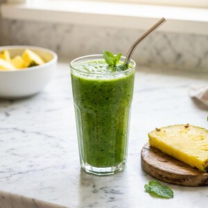 May include: A tall glass filled with a vibrant green smoothie, garnished with a fresh mint sprig and containing a metal straw. Beside the glass sits a wooden coaster holding a slice of yellow pineapple and additional fresh mint leaves.