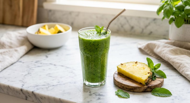 May include: A tall glass filled with a vibrant green smoothie, garnished with a fresh mint sprig and containing a metal straw. Beside the glass sits a wooden coaster holding a slice of yellow pineapple and additional fresh mint leaves.