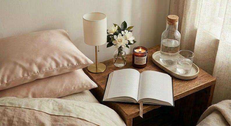 May include: Two light pink satin pillowcases on a bed next to a wooden nightstand holding a small lamp, a glass vase with white flowers, a lit candle, an open notebook, and a glass carafe with a glass of water on a ceramic tray.