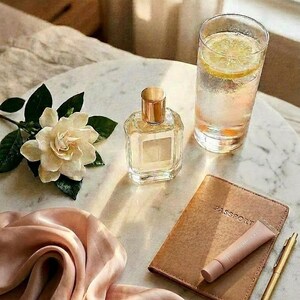 May include: A clear glass perfume bottle with a gold cap, a tall glass of water with a lemon slice, a white gardenia flower, a tan passport holder, a small pink tube, and a gold pen arranged on a round white marble surface.