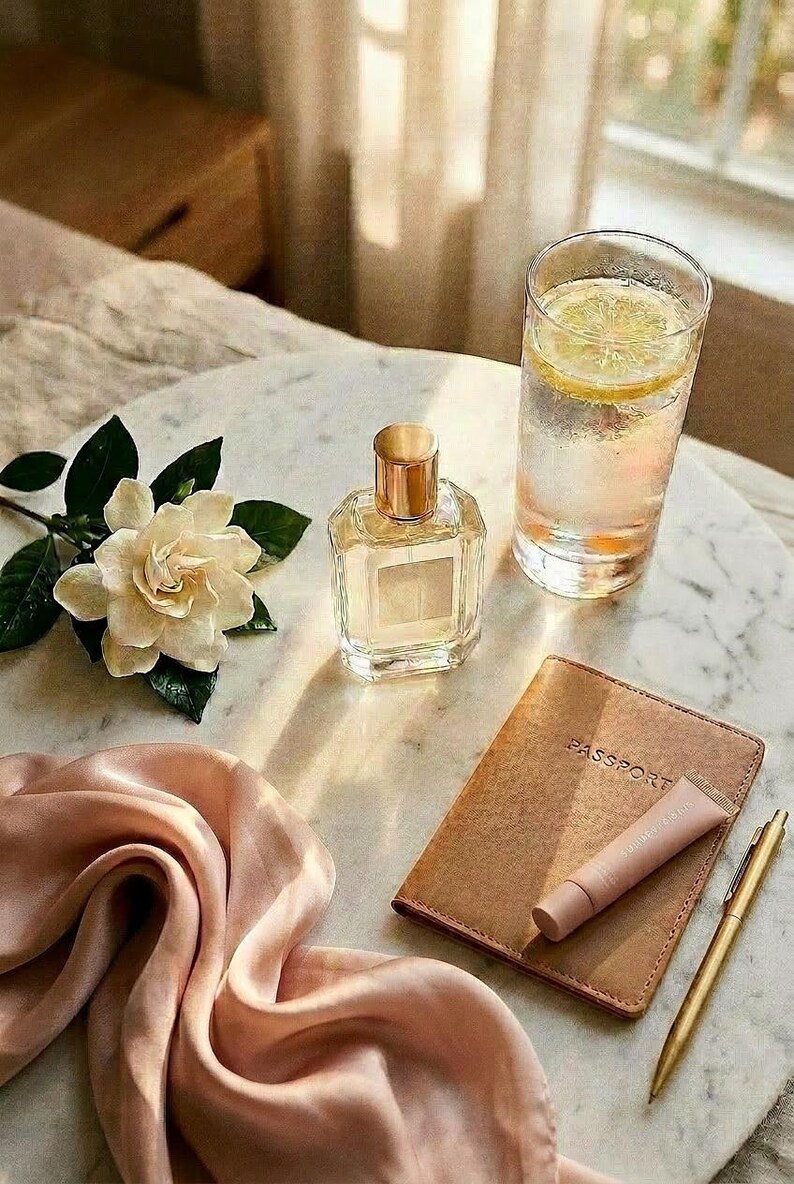 May include: A clear glass perfume bottle with a gold cap, a tall glass of water with a lemon slice, a white gardenia flower, a tan passport holder, a small pink tube, and a gold pen arranged on a round white marble surface.