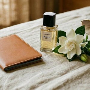 May include: A tan leather passport holder, a rectangular glass bottle of Chanel Gardenia perfume with a black cap, a white gardenia flower with green leaves, and gold-rimmed sunglasses with brown tinted lenses arranged on a textured fabric.