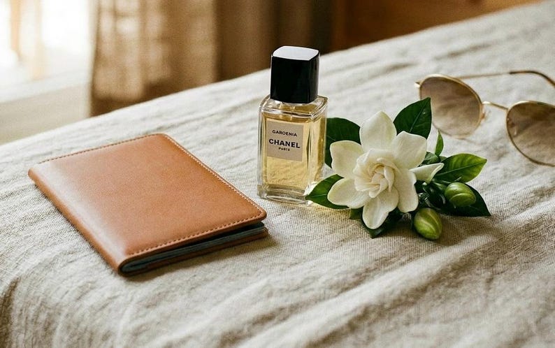 May include: A tan leather passport holder, a rectangular glass bottle of Chanel Gardenia perfume with a black cap, a white gardenia flower with green leaves, and gold-rimmed sunglasses with brown tinted lenses arranged on a textured fabric.