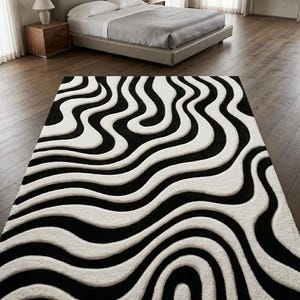 Black and White Wavy Area Rug, Hand Tufted Abstract Psychedelic Carpet, Modern 3D Textured Swirl Rug for Living Room and Bedroom Decor