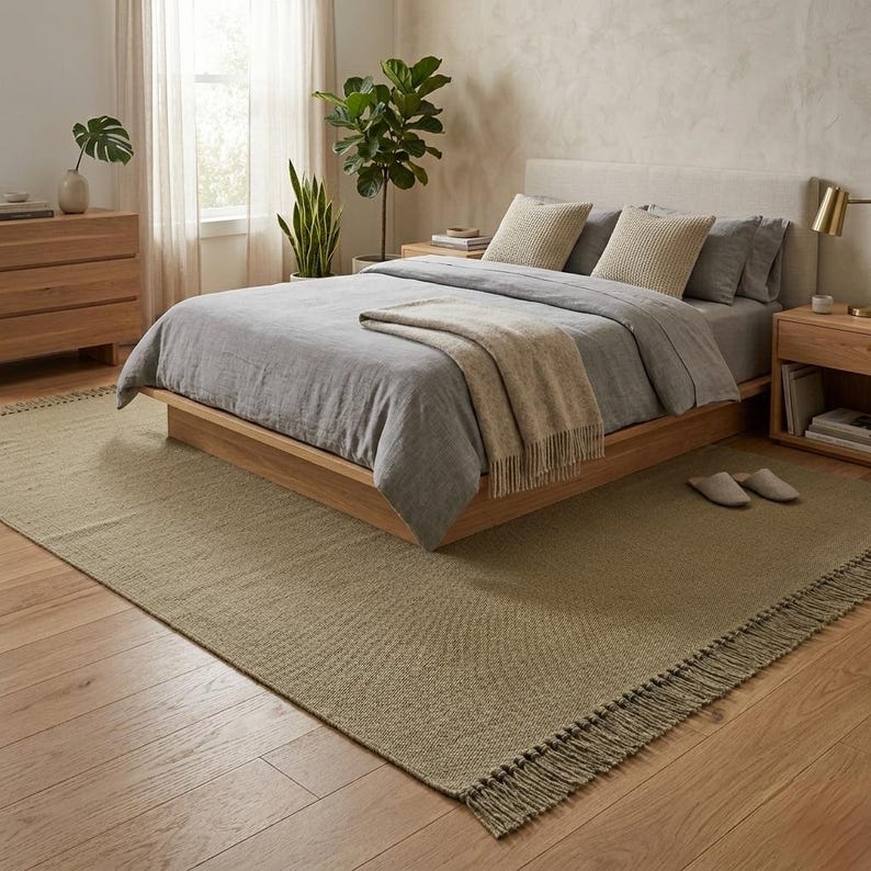 Green Solid Pattern Rug Modern Minimalist Green Durrie Rug | Solid Color Handwoven Kilim | Boho ...