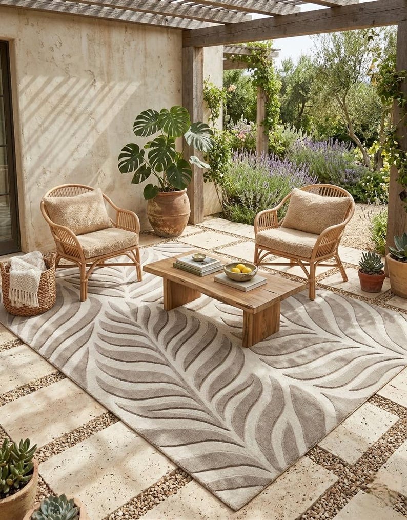 Light Neutral Rug Hand Tufted Wool Botanical Rug | Japandi Leaf Pattern Area Rug | High ...