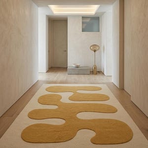 Alfombra abstracta ondulada tejida a mano, color amarillo mostaza y crema, decoración moderna minimalista para dormitorio, alfombra bohemia de forma orgánica.
