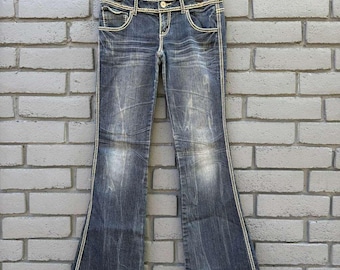 Hard find Rare Almost Famous Low Rise Flare Boot Cut Jeans Distressed Stretch Denim Crotched edge Y2K Retro Rock Revival Rockabilly Hippie