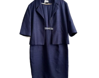 NEW With Tags  Vintage 80s Leslie Fay 2 Piece Set Knee Length Cocktail Dress With Jacket  10P Navy Cottage Dressy Business Suit Set