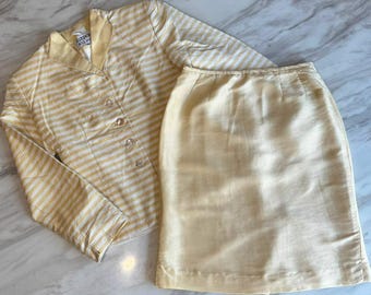 HTF VINTAGE Kasper ASL Petite 100% silk two-piece Shoulder Pads Jacket Blazer &  Skirt suit Yellow White striped 2P Office Core Business