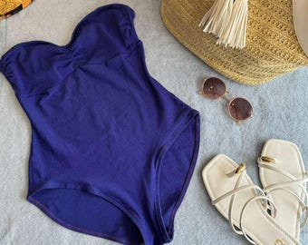 Hard to Find VTG 60s Gabar ILGWU Union Made One Piece Bandeau Swimsuit Rockabilly Mod Blueberry Blue Halter Strapless Size 14