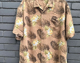 Tommy Bahama Mens Size 3XB 100% Silk Hawaiian Camp Shirt - Brown Fronds Orchid Print Jacquard Luxury Boho Beachwear