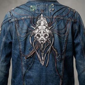 May include: A blue denim jacket featuring a large, white, intricate mechanical-style embroidered patch on the back. The design is connected to small green circuit boards at the top by numerous thin, multicolored wires that extend across the fabric.