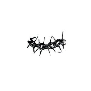May include: A black, abstract illustration of a spiky, organic shape against a white background. The design appears to be a stylized, possibly symbolic, representation of a thorny or jagged form.
